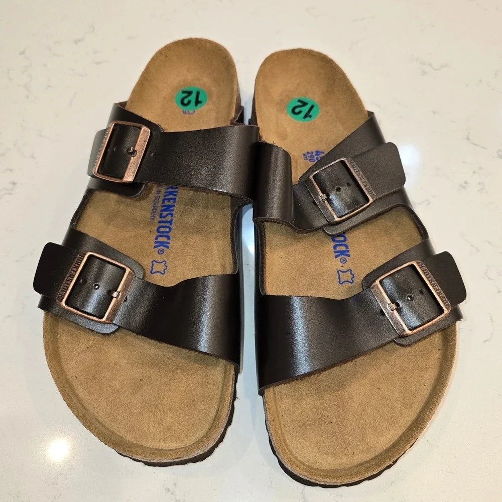 Birkenstock Arizona Black Leather Sandals Rose Gold Buckles EU45 US12 NWOB
